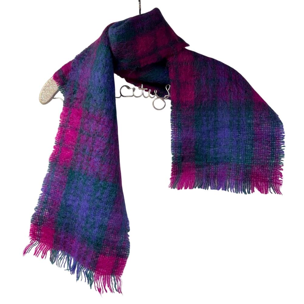 Foxford Scarf Mohair Wool Ireland Fringe Trim Purple Blue Plaid Green